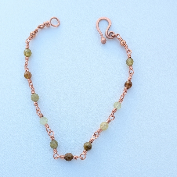 Artisan Jewelry - Dainty Copper Bracelet Natural Green Garnet Gems Artisan Crafted Feminine Style